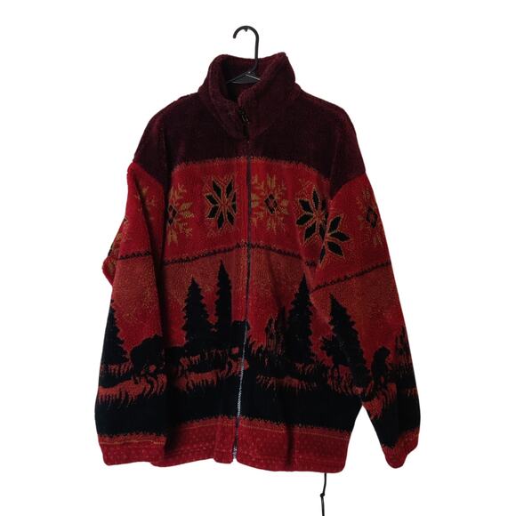 Vtg 90s Fleece Sherpa Full Zip Mazmania Moose Bear Forest Jacket Large Nordic - Picture 1 of 11
